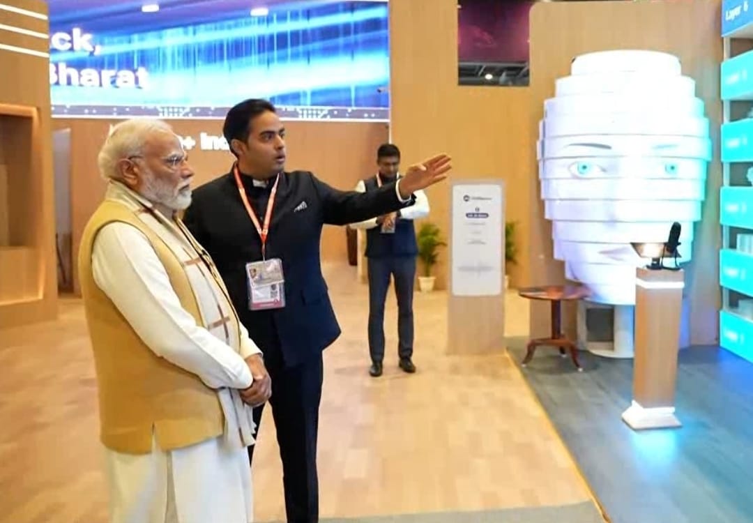 Shri Akash Ambani, Chairman, Jio, showcases company’s AI-led transformation across healthcare, education, culture, and smart home solutions to honourable Prime Minister Shri Narendra Modi at Jio AI Pavilion during the India AI Impact Summit 2026